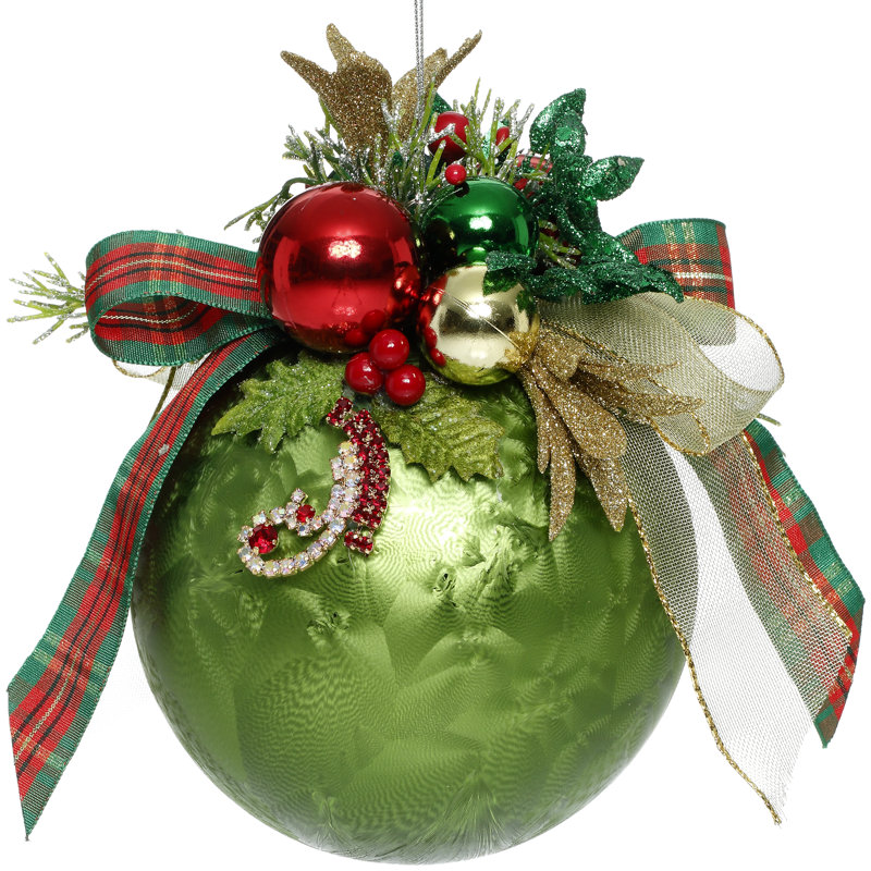 Floral Jeweled Ball Ornament, Frosted, Dark Green - 6 Inches