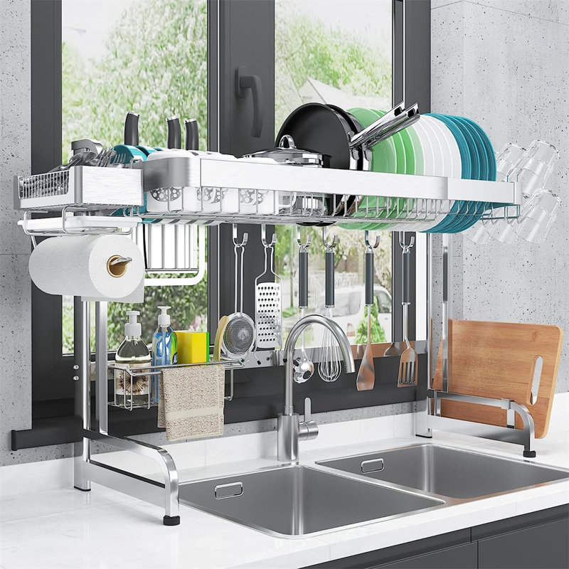 Adjustable Stainless Steel Two-Tier Over-Sink Dish Rack with Utensil Cup
