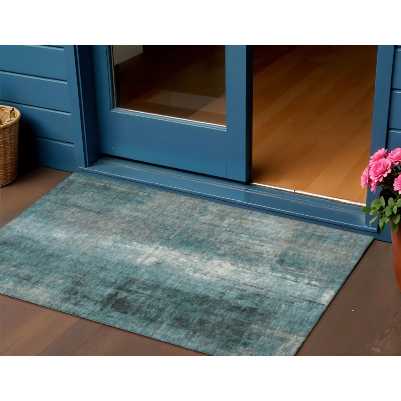 Tapis d'extérieur lavable abstrait bleu sarcelle et ivoire 3 pi x 5 pi