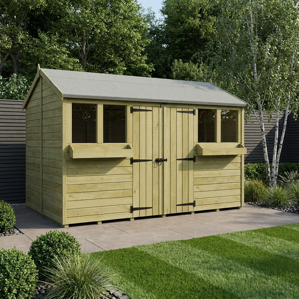Total Sheds 16ft x 4ft Apex Summer Shed - Toughened Glass External Planters - Pressure Treated Timber - UK Manufactured