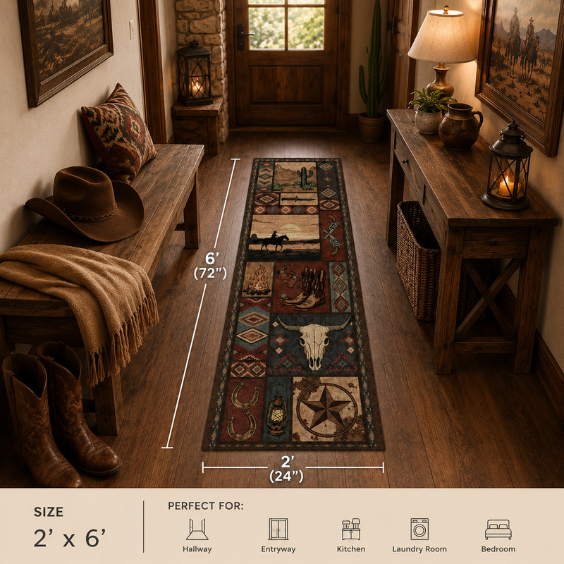 Tapis vintage lavable à la machine avec ranch rustique du Sud-Ouest, Runner 2'x6'
