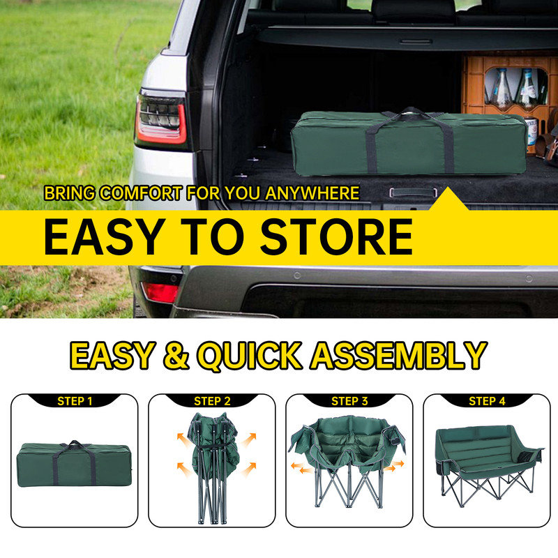 Double Camping Chair with Cup Holder, Oversized Loveseat, Extra Padded Camping Couch for Adults, Lawn Chair