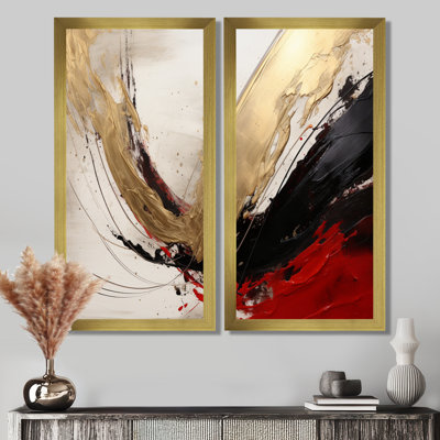 Midnight Passion Abstract Wave Scarlet & Gold - Abstract Painting Canvas Print Wall Art, Gold Abstract Wall Decor 2 Piece