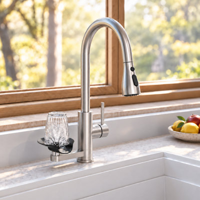 Pull-Down Kitchen Faucet with Glass Rinser, 3-Function Sprayer & Deck Plate