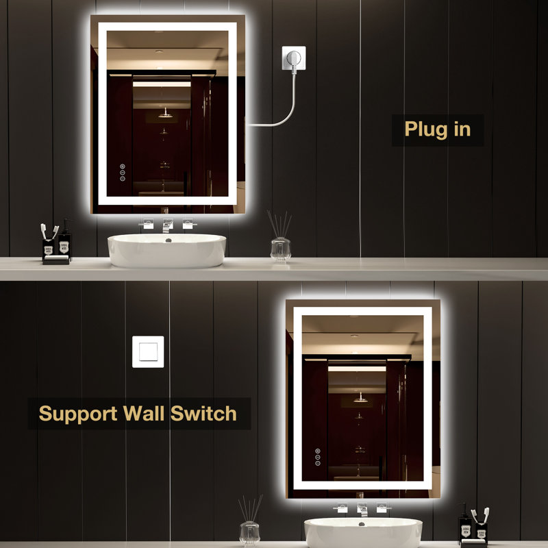 Miroir de salle de bain rectangulaire à DEL sans cadre anti-buée, 30 po x 36 po