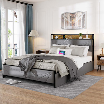 Upholstered Platform Bed Frame With 4 Drawers, 2 USB Ports, Storage Headboard & Charging Station -  17 Stories, A3FF33B736A94B78B86FB8AD56FBE944