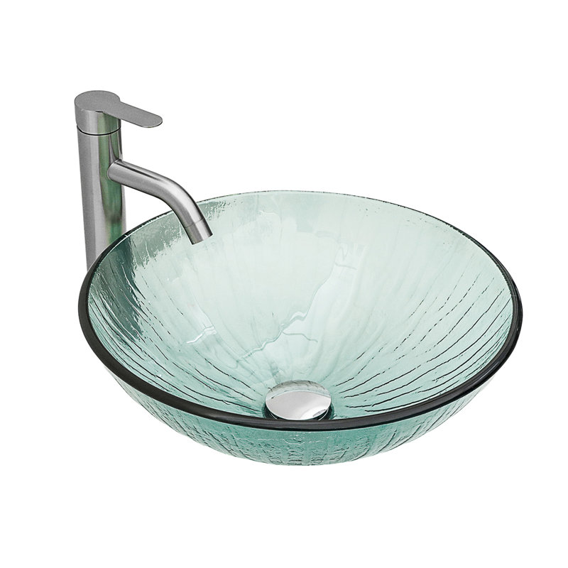 Artistic Vertical-Textured Glass Vessel Bathroom Sink With Pop-Up Drain, Silver, Green