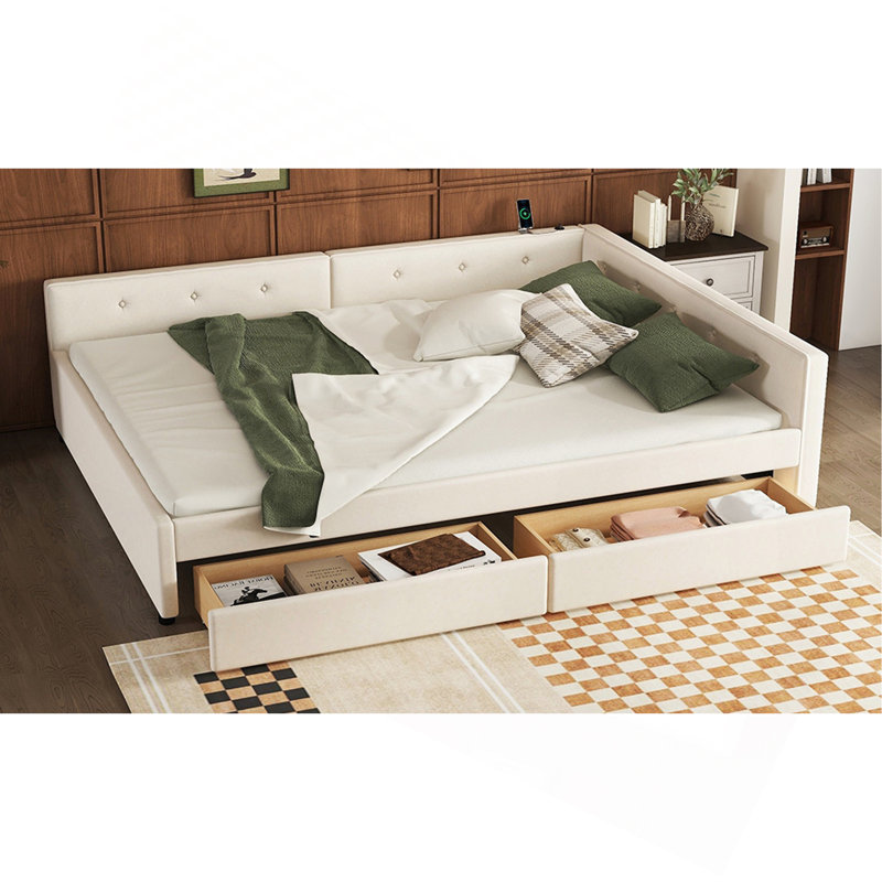 Lit plateforme double tapissier avec USB et 2 tiroirs, beige