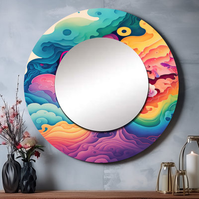 Shonice Multicolor Swirly Clouds VI - Abstract Spirals Unique Wall Mirror Decor, Pink Large Round Mirror, Printed Metal Art