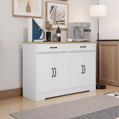 47.95" Farmhouse Buffet Cabinet with 2 Drawers and 4 Doors - White, Ideal for Dining, Living, and Kitchen