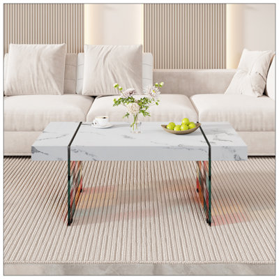 43.3"X23.6" White Marble-Patterned MDF Coffee Table With Tempered Glass Legs.Suitable For Living Room.It Can Be Used Not Only As A Coffee Table But Also As A Side Table Or Display Stand.