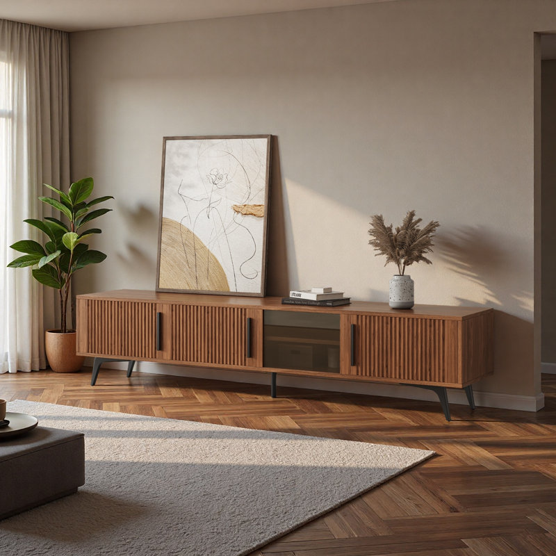 78"modern Wood Grain Tv Stand With Adjustable Shelves, Cable Management Hole, Push-to-open Doors & Sturdy Metal Legs