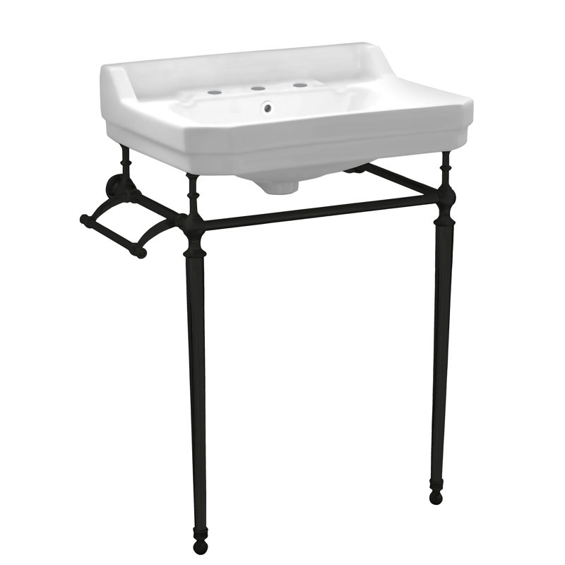 Console Whitehaus de 24 po avec bol rectangulaire intégré, repose-pieds en laiton et barre à serviettes latérale, Noir mat