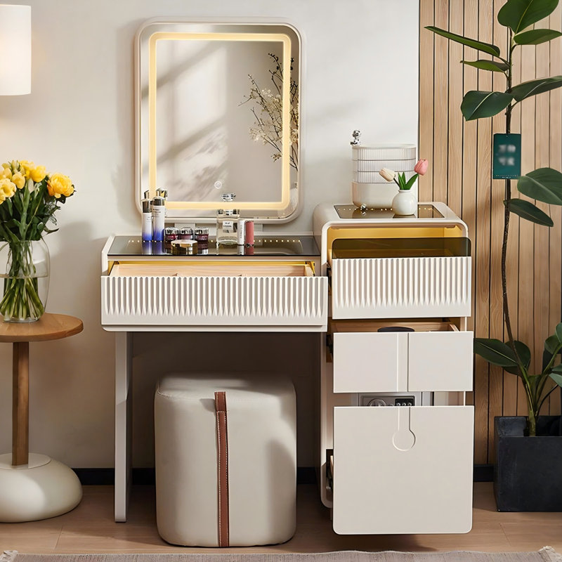 Coiffeuse crème avec coffre-fort intégré et tabouret de maquillage