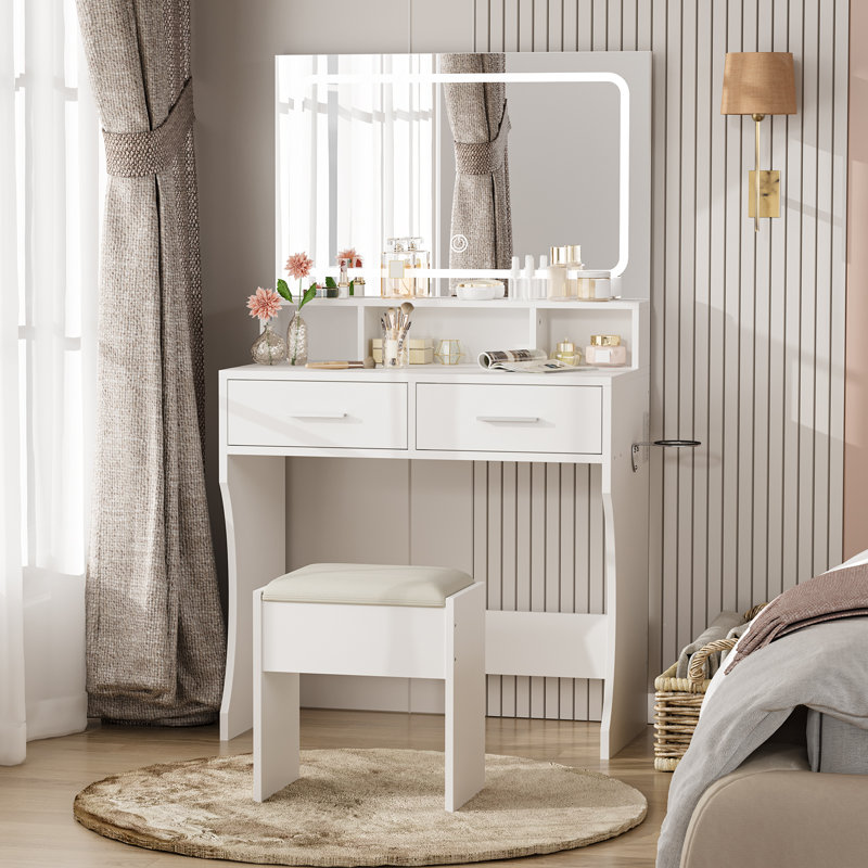 Vanity Desk with Mirror, LED Lights and Power Outlet Makeup Charging Station, 2 Drawers, Open Shelves, 3 Color Modes, Adjustable Brightness, Dressing Table for Bedroom (with Chair)