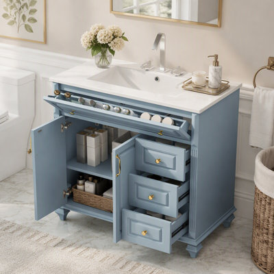 Meuble-lavabo autoportant de 91 cm (36 po) avec lavabo en céramique, tiroir rabattable, 3 tiroirs et 2 portes
