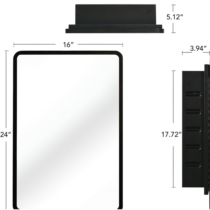 Armoire à miroir 16 x 24 pouces avec cadre en métal noir - fixation murale dans la salle de bain ou 3 tablettes réglables encastrées, compartiments en verre trempé, résistance à la rouille pour les panneaux, intérieur de la prévention
