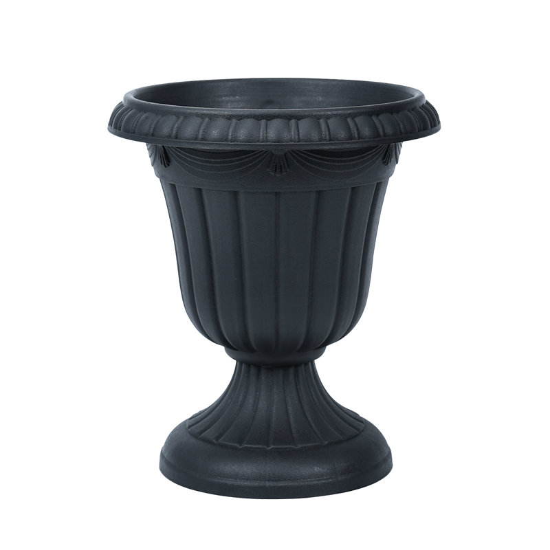 10 Inch Black Plastic Urn Planter, Large Round Classic Resin Flower Pot for Outdoor and Indoor Plants, Traditional Decorative Planter for Patio Deck Front Porch