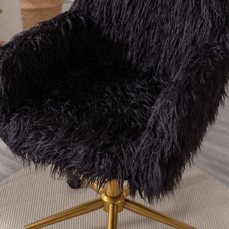 Chaise de bureau moderne en fausse fourrure Hengming, Noir, Doré