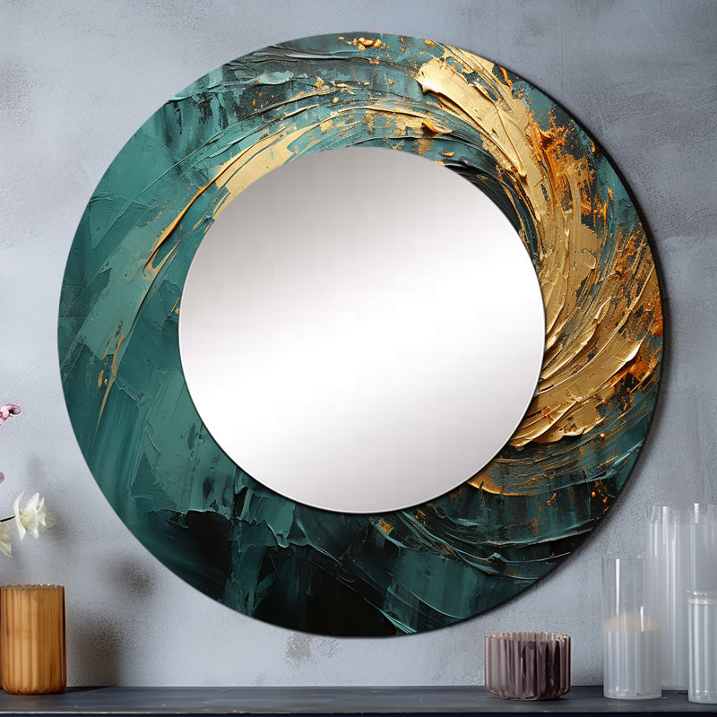 Sarepta Golden Emerald Surge - grand miroir à spirales abstraites, miroir mural décoratif rond moderne, impression d'art en métal