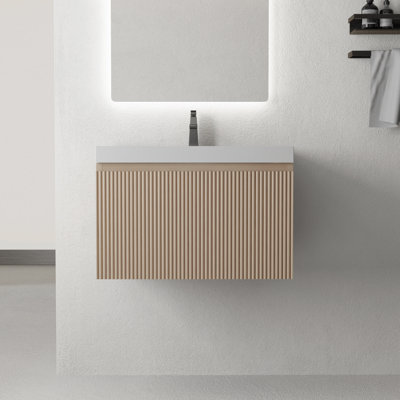 24" Wall-Mounted Single Bathroom Vanity With Sink,  Glossy White Resin Sink Floating Storage Cabinet with Soft‑Close Drawer, Pre-Assembled, Natural Wood