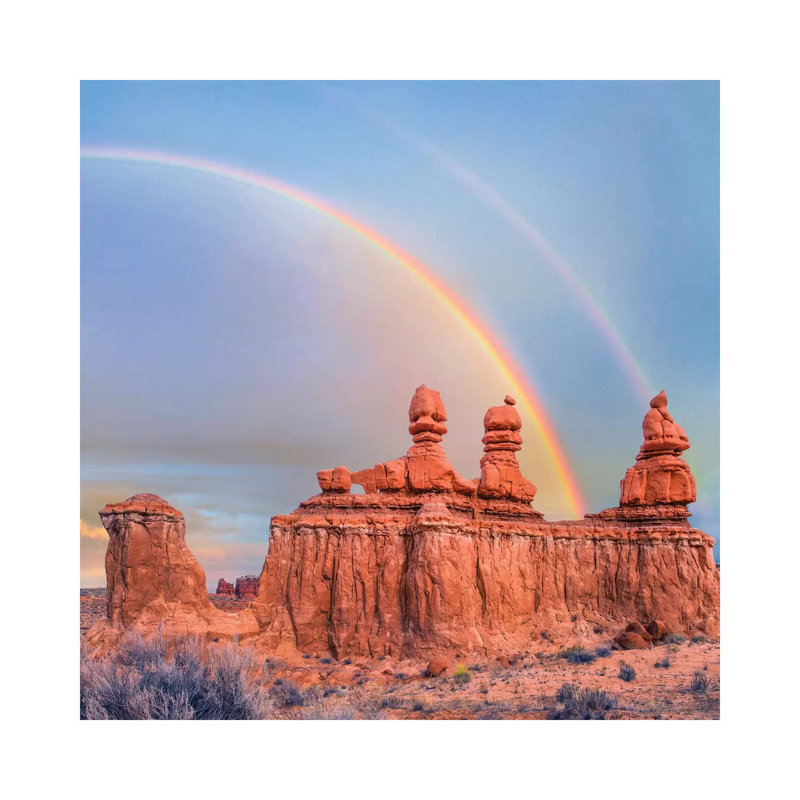 Rainbow Over Rock Formation Called The Three Judges, Goblin Valley State Park, Utah 1 Piece Wall Art on Canvas