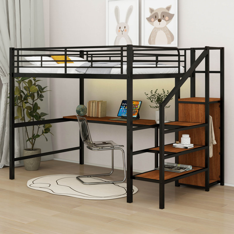 Metal Full Loft Bed With Wardrobe And LED Light, Black