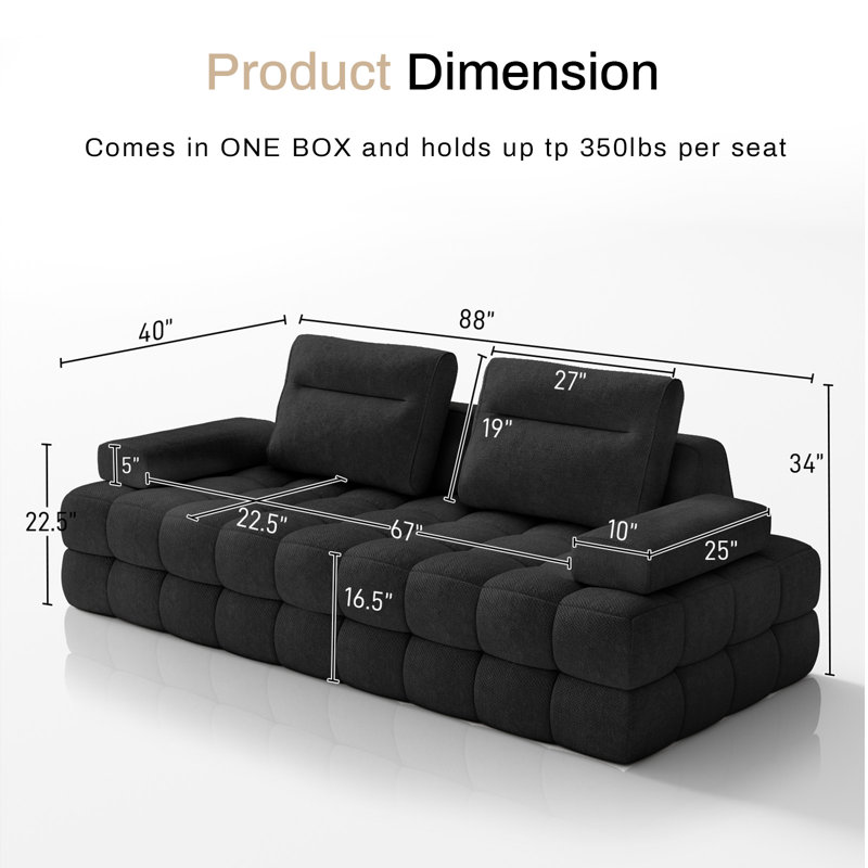 88'' No Assembly Chenille Modular Sofa with Removable Pillows and Tufted Design, Black