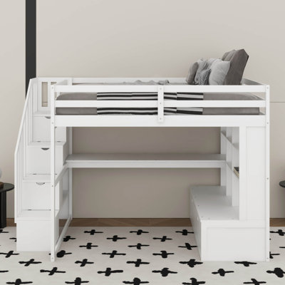 Lit mezzanine double avec bureau, tablettes et tiroirs