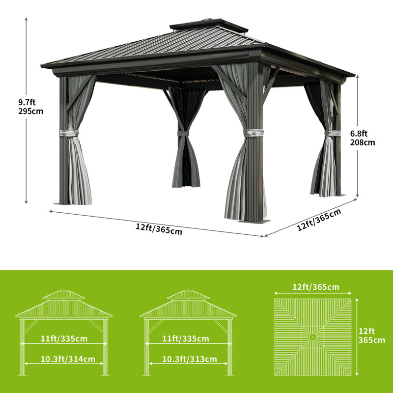 Outdoor Metal Hardtop Patio Gazebo with Privacy Curtain and Mosquito Netting, 12 ft x 12 ft
