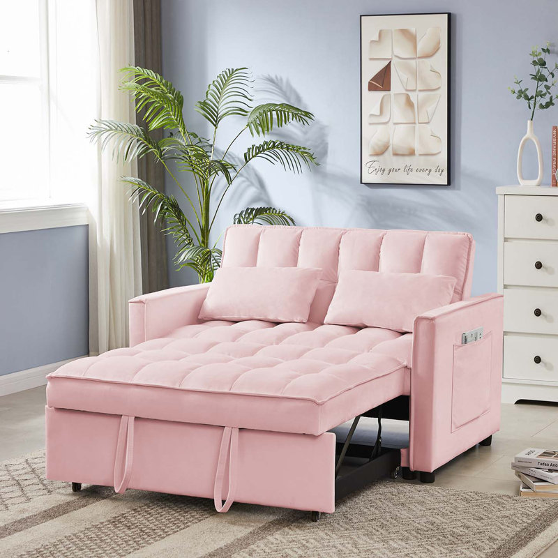 Collinward 53" W Murphy Sofa Bed Loveseat with Adjustable Tufted Back and USB Outlet, Pink Velvet 4