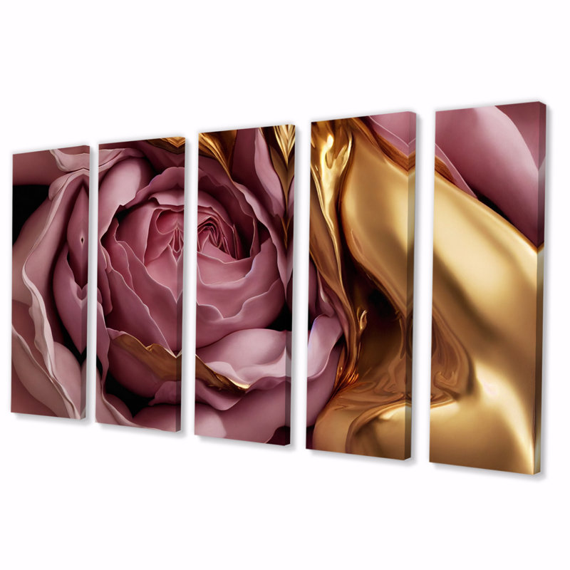 Exquise rose et doré Glam Roses I - décoration murale rose - 5 panneaux égaux