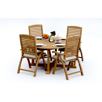 4 Seats 5 Pcs Grade-A Teak Wood Dining Set: 60" Round Table And 4 Ashely Folding Reclining Arm Chairs #11AS1204