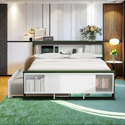 Lit plateforme double avec lit gigogne, tête et pied de lit avec rangement, conception de chargement USB