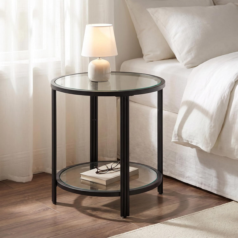 Table d'appoint ronde moderne de 50 cm (19,7 po) avec plateau en verre et rangement à 2 niveaux, Black