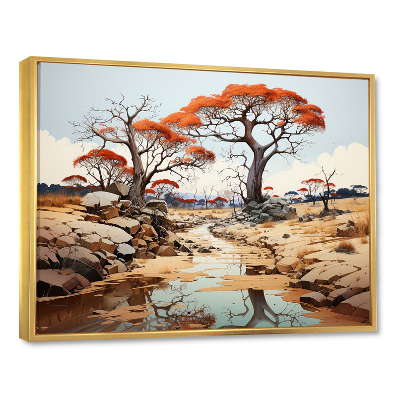 Paysage de baobab onirique, Cadre flottant doré, H 24 po x l 32 po x P 1 po