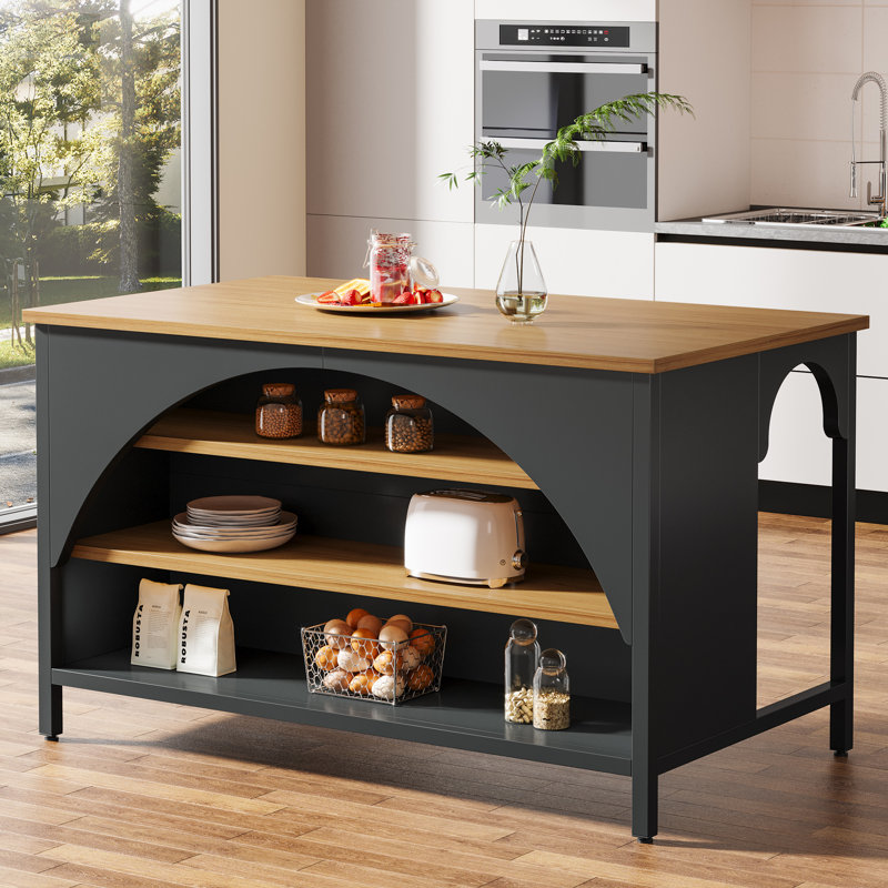 Kitchen Island With 3 Storage Shelves, 55 Inch Farmhouse Kitchen Shelf Bar Table With Large Worktop, Black