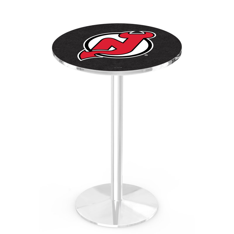 NHL Round Metal Base Dining Table, New Jersey Devils, Chrome