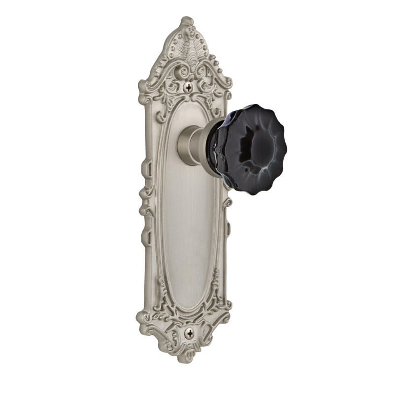 Victorian Plate with Crystal Black Door Knob, Satin Nickel
