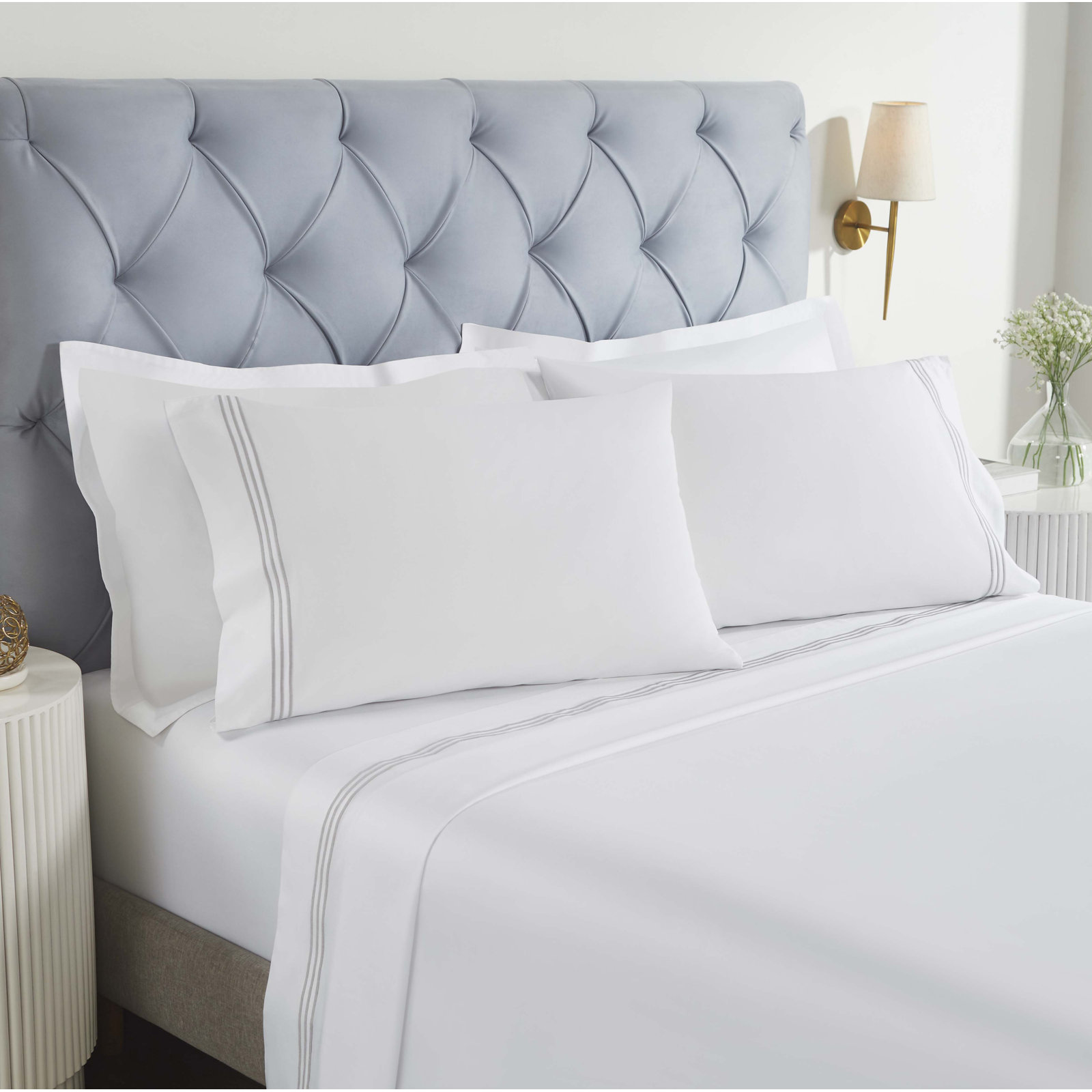 Embroidered Cotton Sheet Set, Queen Sheet Set with 2 Pillowcases, White/Silver