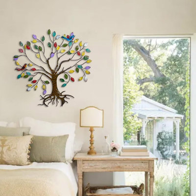 Tree of Life Metal Wall Art Decor, Colorful Leaves and Hummingbird Wall Sculpture (25.5" x 24.8")