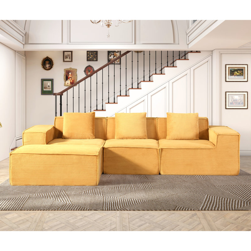 Canapé modulaire en velours côtelé avec et 3 coussins en jaune gingembre