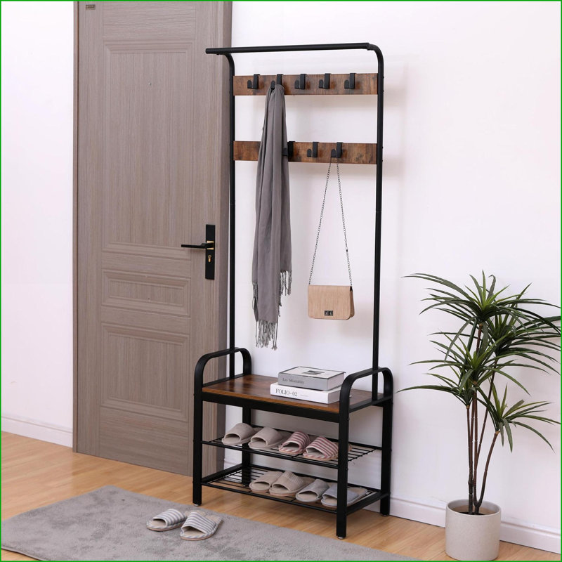 Portemanteaux, portemanteau brun rustique 4-en-1 avec banc à chaussures, 9 crochets, tringle suspendue, 13,8 x 25,2 x 72,8 po | Brun | Bois aggloméré + métal