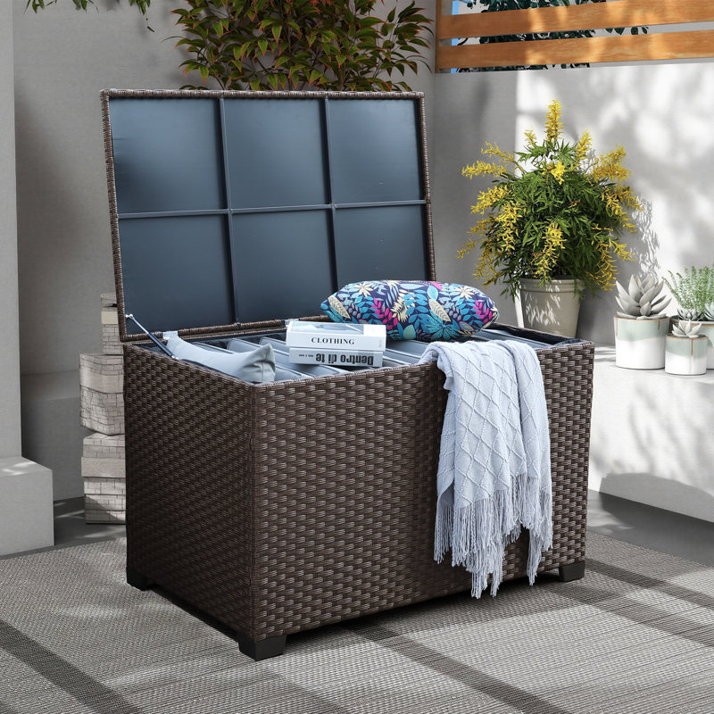 Rattaner Resistant Wicker Deck Box with Gas Spring Lid and Zippered Waterproof Inner Bag, 29.7" H x 46.5" W x 28.3" D, Brown