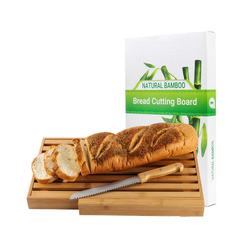 Large Bamboo Bread Board With Large Bread Knife And Crumb Catcher, Bread Slicer, Bread Slicer For Homemade Bread
