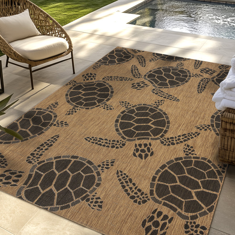 Solterra Bao Chestnut Brown Cream Beige Nautical Sea Turtle Flatweave Polypropylene Indoor/ Outdoor Area Rug