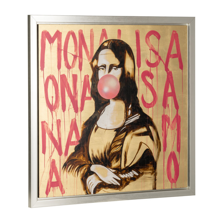 Trinx Bubble Gum Mona Lisa Fun Graffiti Painting, Hand Painted Wall Art,  Brown, Pink and Gold, 47 W x 3 D x 47 H Inches
