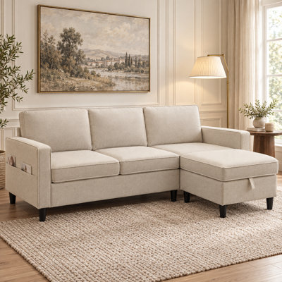 Canapé modulaire en lin de 78 po en L avec repose-pieds et poches latérales, beige