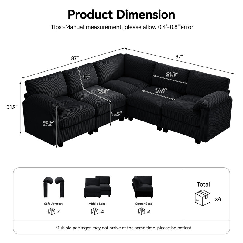 Canapé modulaire 5 places avec accoudoirs coussinés, Chenille noir