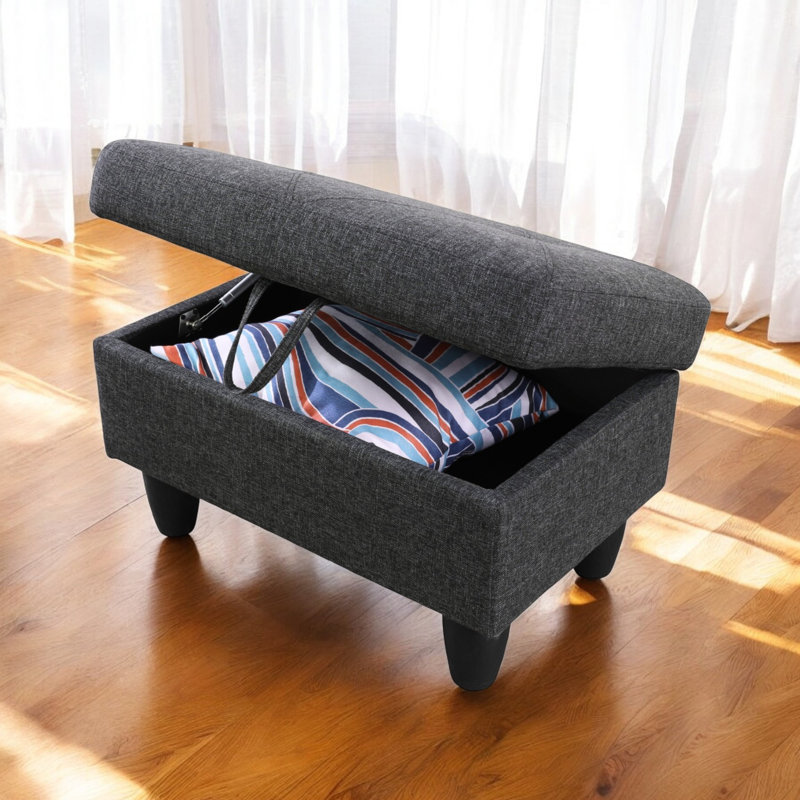 Orella Marlinda 28.5" Wide Upholstered Rectangle Tufted Flip Top Storage Ottoman, Diamond Black Gray Linen